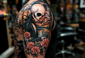 jack skellington fishing at river,smoking, roses, cloudy sky, pine trees tattoo idea