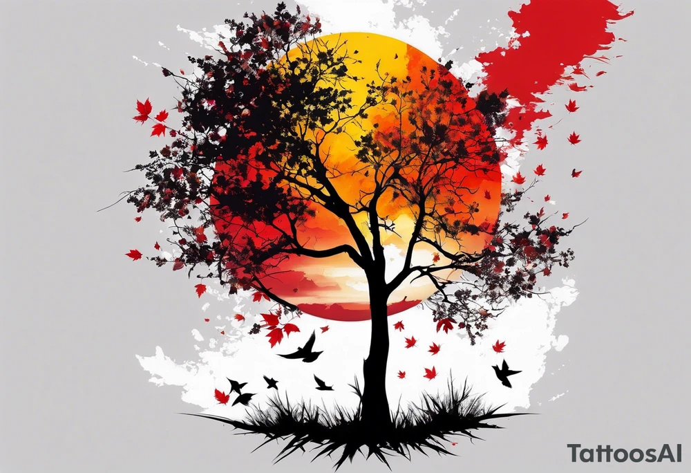 trash polka style. Arm tattoo. Long tattoo. Full sleeve. Shoulder. A single large maple tree with red autumn leaves that branches upwards from wrist to shoulder. White-throated dipper bird on the trees branches. Calluna flowers at the base of the trees stem. Tree stem has dark colors. Red/yellow sunset behind the trees stem. Leaves falling. tattoo idea