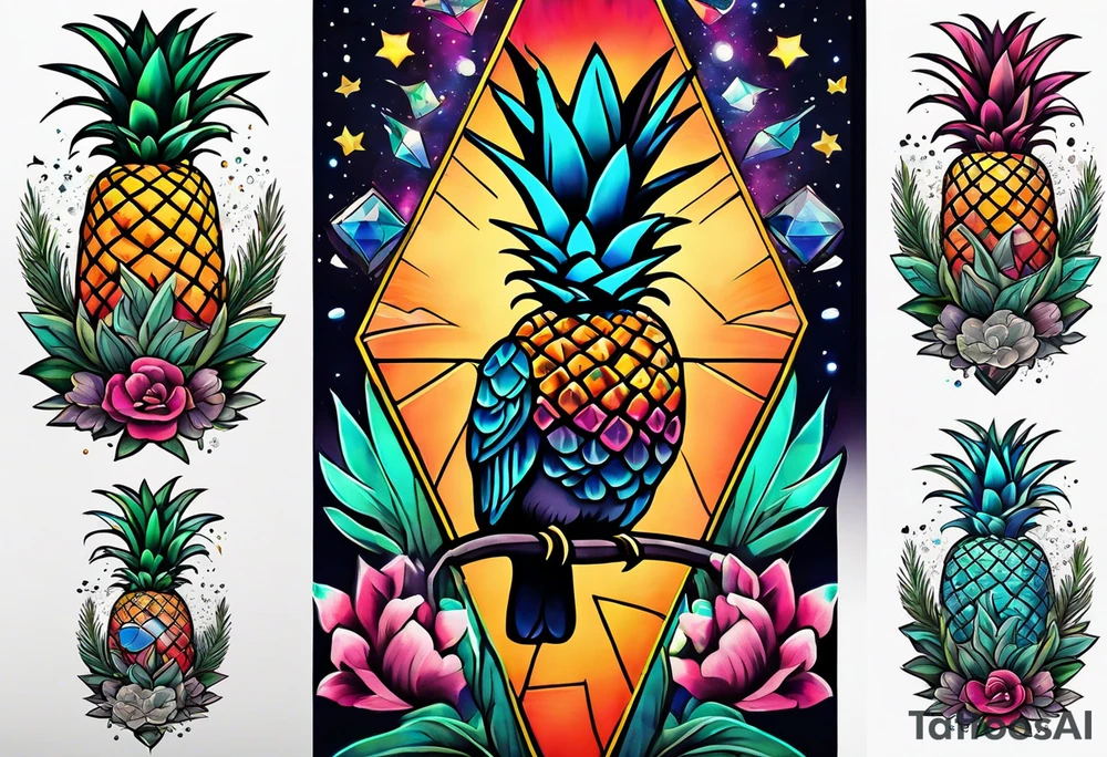Tattoo of  animals and pineapples in Amsterdam buildings and canal featuring glass and colours of galaxy and universe colours featuring birds and other animals tattoo idea