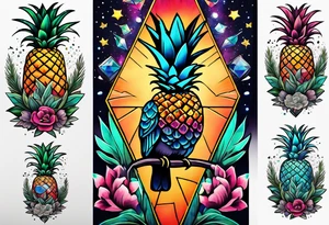 Tattoo of  animals and pineapples in Amsterdam buildings and canal featuring glass and colours of galaxy and universe colours featuring birds and other animals tattoo idea