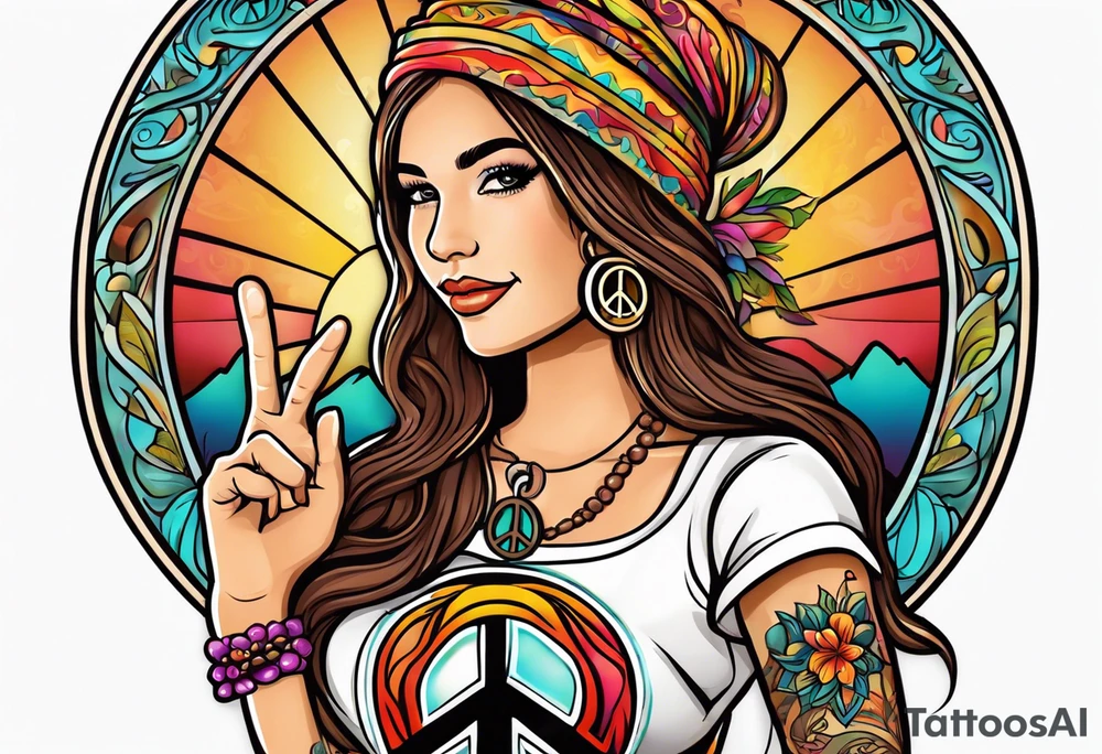 Groovy Coffee shop logo with hippie girl holding a peace sign on hand, peace sign on coffee mug tattoo idea