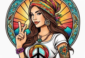 Groovy Coffee shop logo with hippie girl holding a peace sign on hand, peace sign on coffee mug tattoo idea