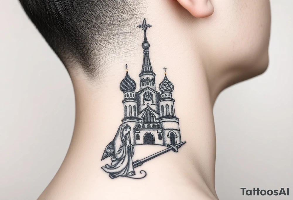 Flowing Scene

A single onion dome rising up toward the ear
Virgin Mary in prayer pose wrapping around the lower neck curve
A small eagle or just the star tucked above the dome near the hairline tattoo idea