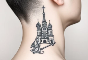 Flowing Scene

A single onion dome rising up toward the ear
Virgin Mary in prayer pose wrapping around the lower neck curve
A small eagle or just the star tucked above the dome near the hairline tattoo idea