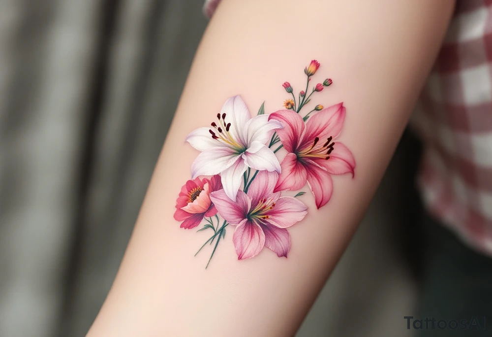 stargazer lillies in pink and white with small sunflowers and poppies in a dainty wildflower bouquet with stems tattoo idea