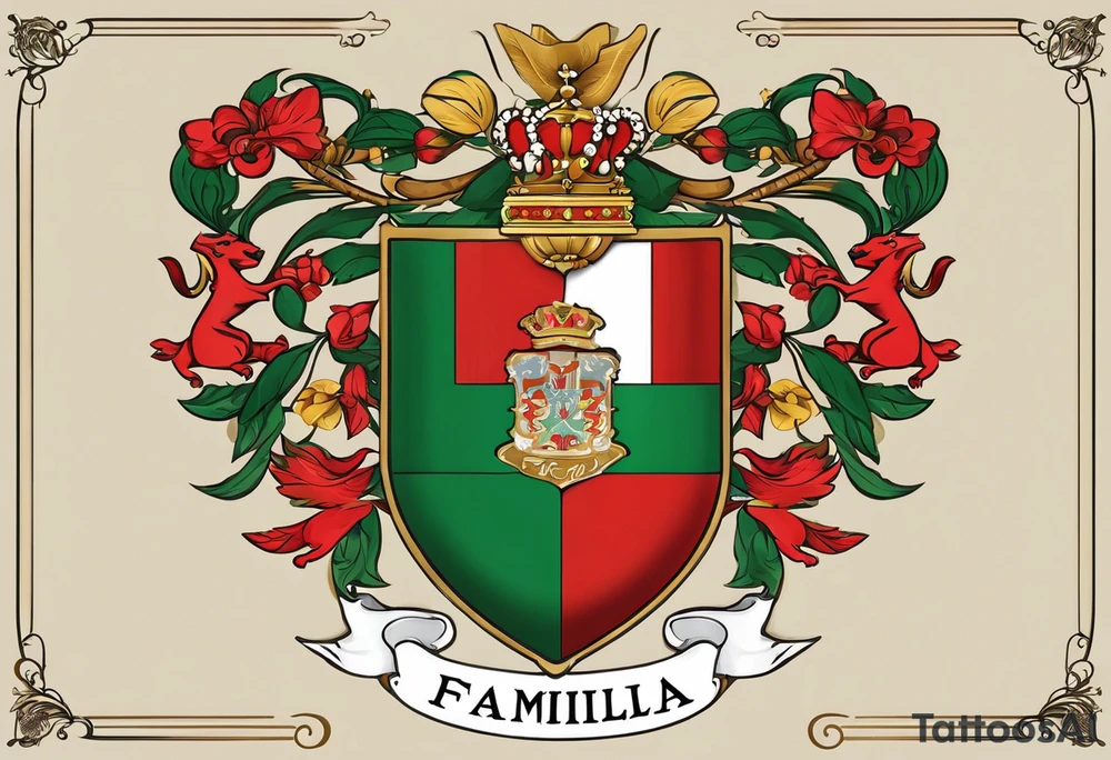 A custom family crest that includes symbols of strength and love.
The crest is divided into sections, each representing different family members with their names and dates.
Incorporate Italian elements such as the Italian flag or a laurel wreath.
The phrase "Famiglia Prima di Tutto" (Family First) prominently displayed on a banner below or above the crest. tattoo idea