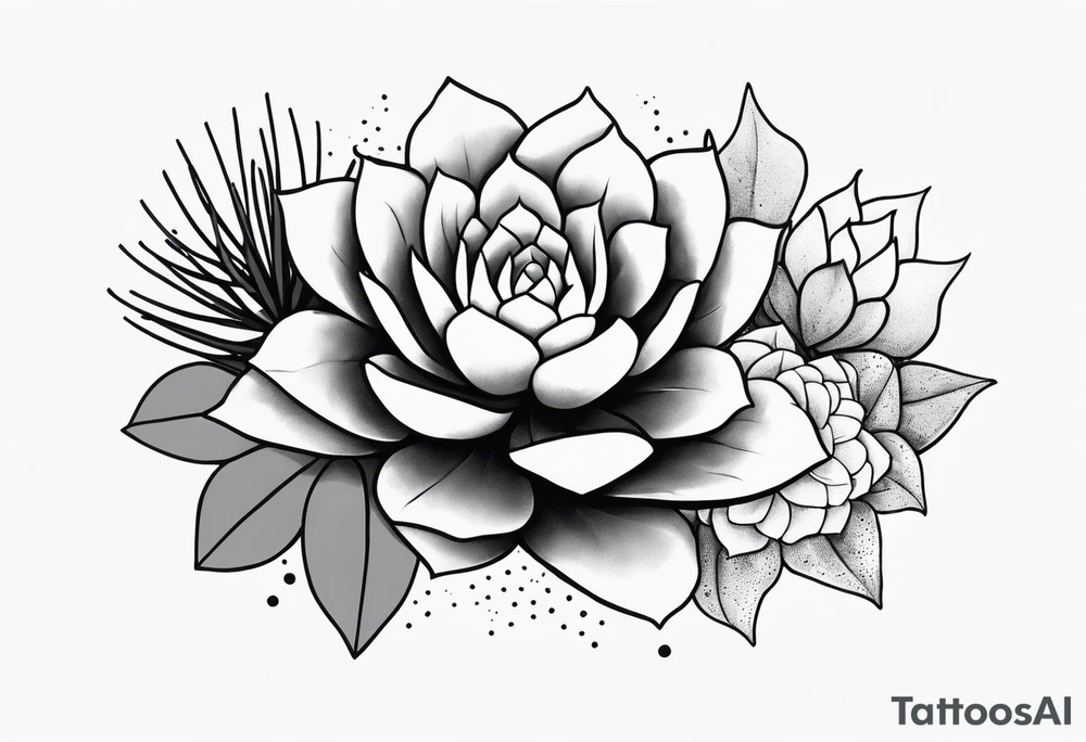fine line. one big succulent in the middle. Two smaller succulents on the side. Dots and floral
. Sternum tattoo grey scale shading tattoo idea