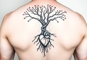 tree with DNA trunk with roots and anatomical heart on bottom inside the roots tattoo idea