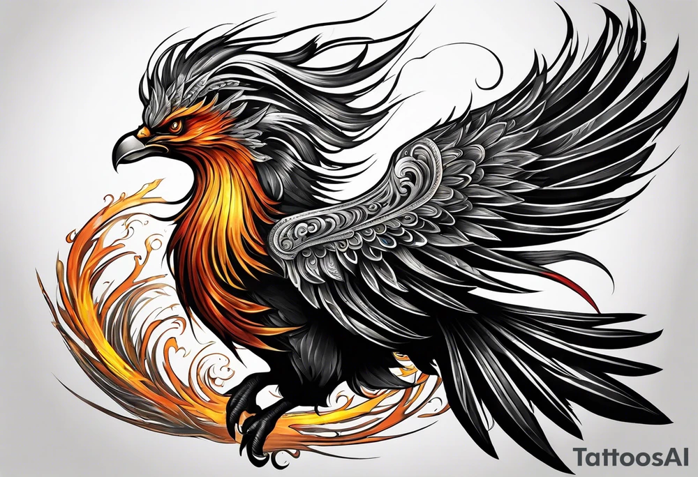 Tattoo: A powerful, majestic phoenix, depicted mid-flight or rising, with wings extended and feathers flowing. Deep shading and intricate details to bring out the texture and motion of the feathers. tattoo idea