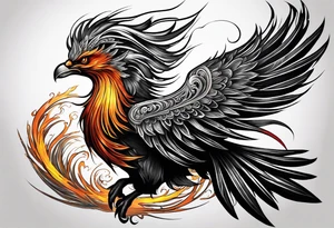 Tattoo: A powerful, majestic phoenix, depicted mid-flight or rising, with wings extended and feathers flowing. Deep shading and intricate details to bring out the texture and motion of the feathers. tattoo idea