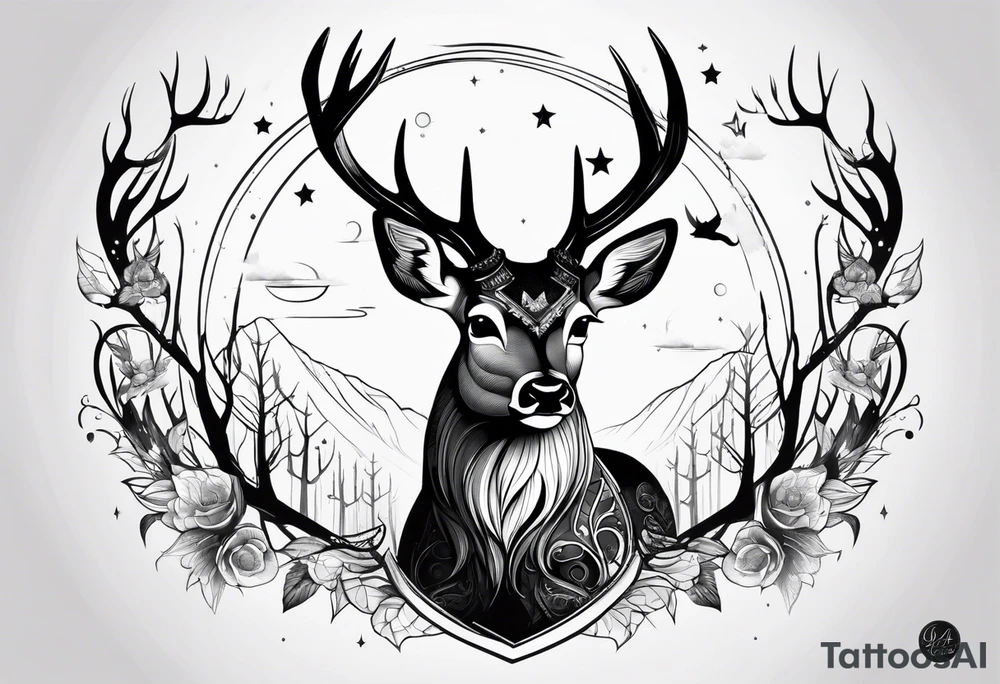 Strong deer with antlers with universe as eyes tattoo idea