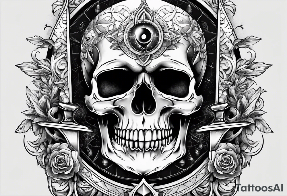 Skull with third eye and dagger through it with the phases of the moon at the bottom tattoo idea