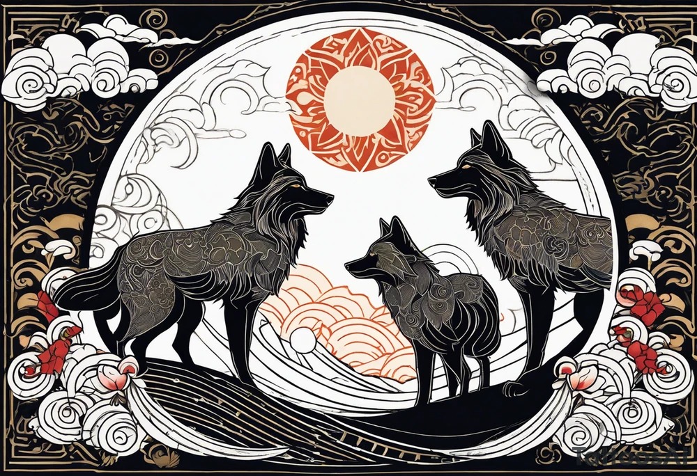 Two wolves—Sköll and Hati—one chasing the sun and the other chasing the moon. You could position them on opposite sides of a circular design with the sun rising and the moon setting at the top and bottom. tattoo idea