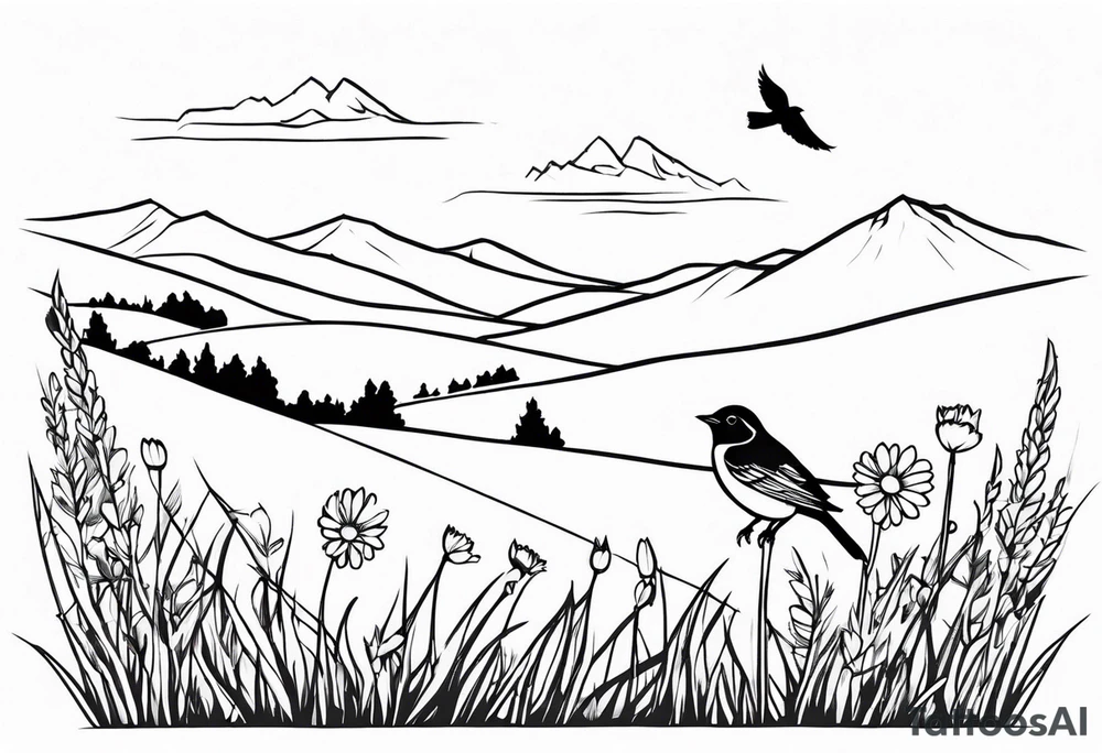 Small bird in field of grass and daisys Mountain View in distance tattoo idea
