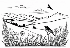 Small bird in field of grass and daisys Mountain View in distance tattoo idea