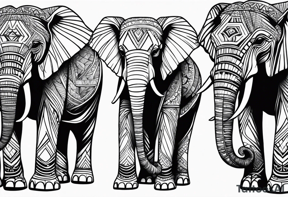 Mama tribal elephant facing forward. 2 girl baby elephants with bows sitting down and 1 baby boy elephant with bow tie sitting down tattoo idea