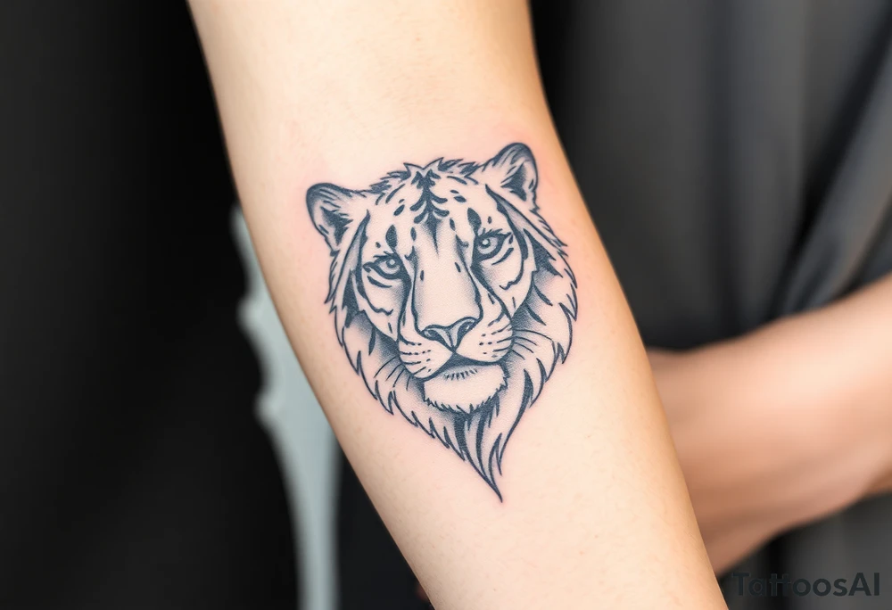 Half a lion face, half a lioness face looking straight tattoo idea
