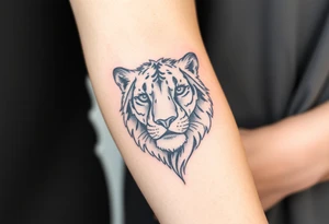 Half a lion face, half a lioness face looking straight tattoo idea