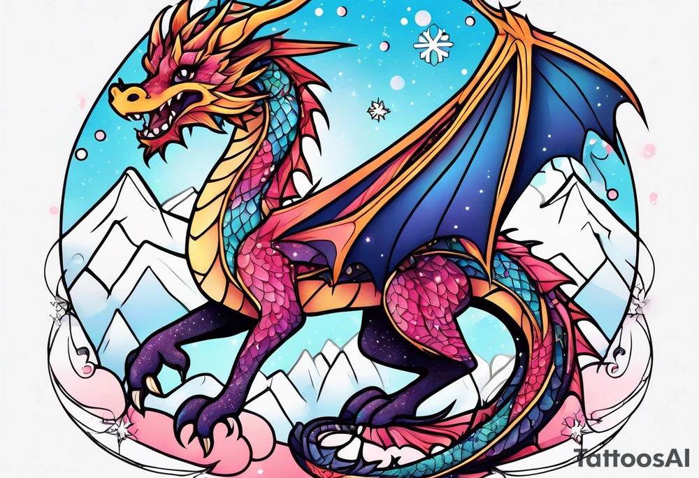 Constellation, kawaii dragon, snowflake tattoo idea