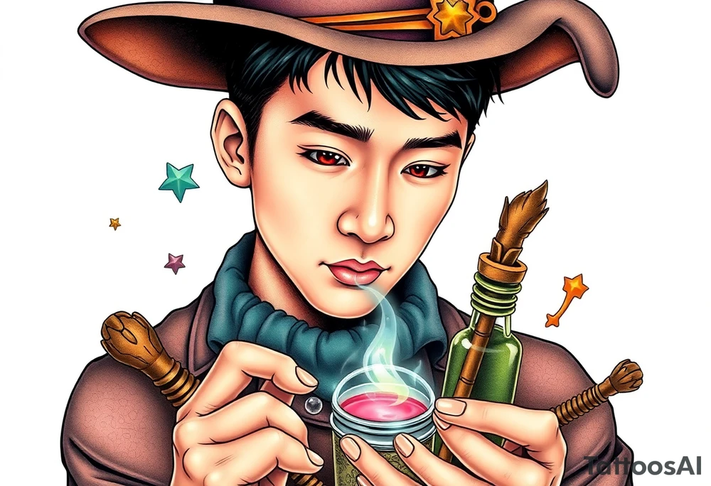 Handsome Asian young adult guy is  accidentally stumbled upon witch tools, supplies, artifacts, potions and exploring it curiously tattoo idea