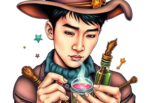 Handsome Asian young adult guy is  accidentally stumbled upon witch tools, supplies, artifacts, potions and exploring it curiously tattoo idea