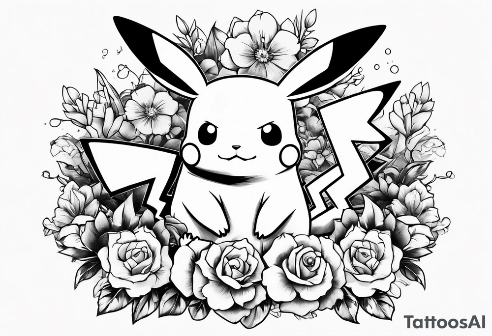 Pikachu Holding bouquet of flowers in front of him tattoo idea