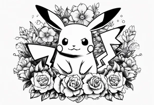 Pikachu Holding bouquet of flowers in front of him tattoo idea