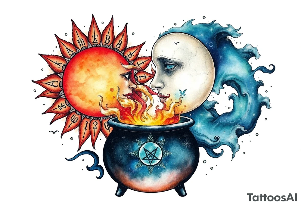 celestial sun and moon embrace with constellation patterns runes in galaxy coming out of witch cauldron tattoo idea