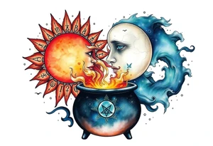celestial sun and moon embrace with constellation patterns runes in galaxy coming out of witch cauldron tattoo idea