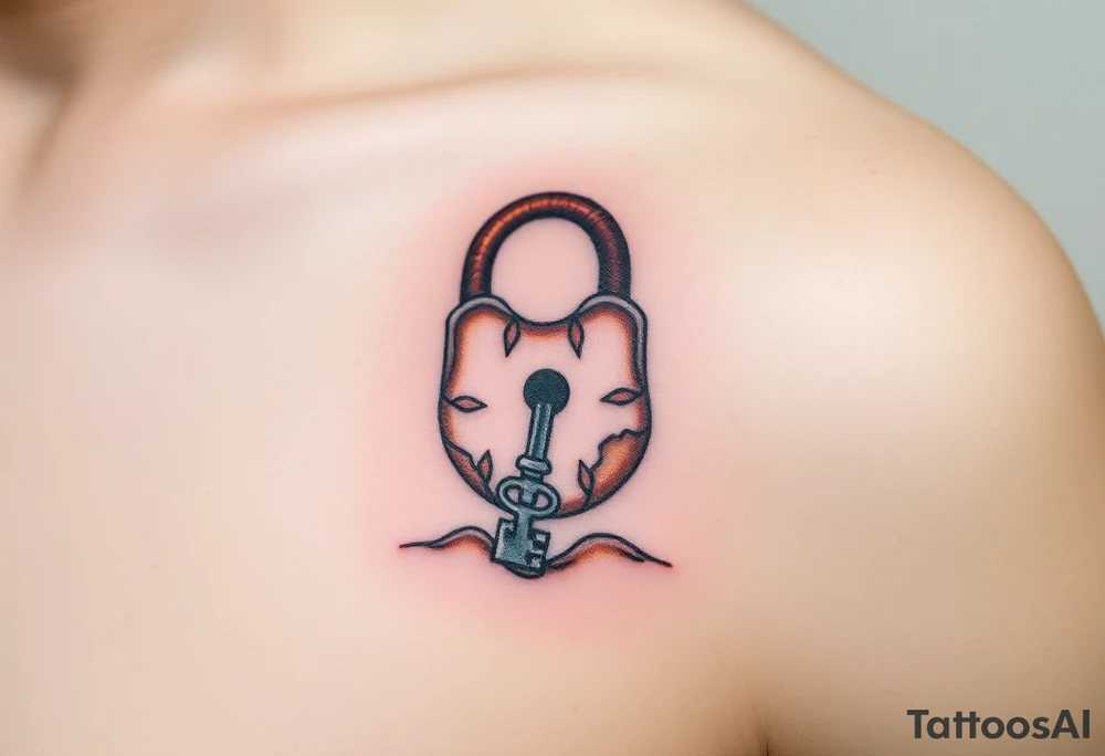 A rusted, ancient lock with cracked edges, with a mysterious silver key half-buried in sand tattoo idea