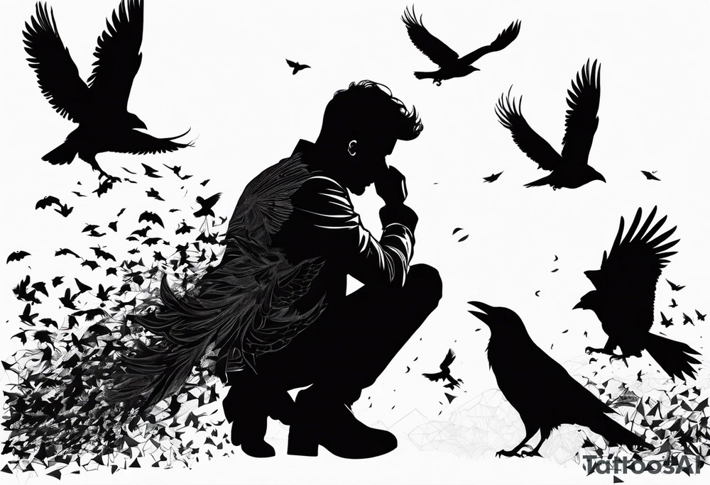 Silhouette of a man on his knees bent over with crows coming out his back like pieces of him flying away. tattoo idea
