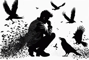 Silhouette of a man on his knees bent over with crows coming out his back like pieces of him flying away. tattoo idea