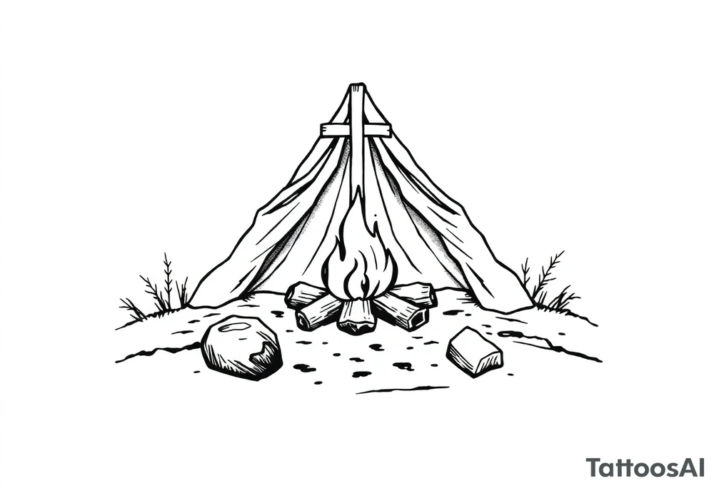 Campsite with a campfire with a cross tattoo idea