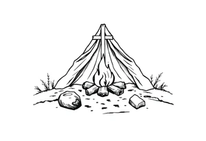 Campsite with a campfire with a cross tattoo idea