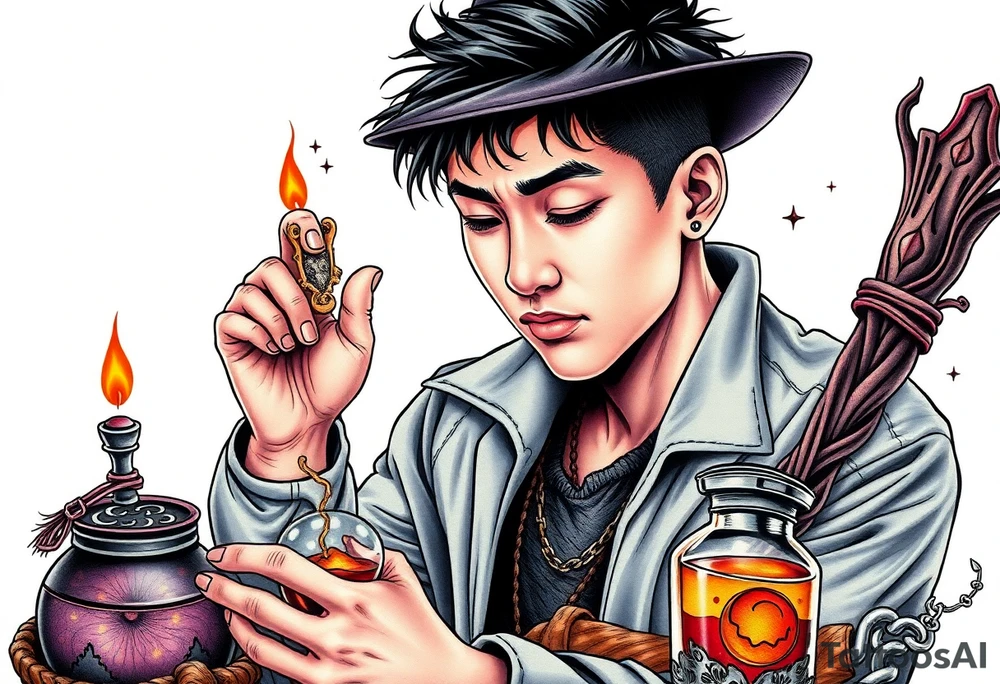 Handsome Asian young adult guy is  accidentally stumbled upon witch tools, supplies, artifacts, potions and exploring it curiously tattoo idea