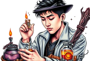 Handsome Asian young adult guy is  accidentally stumbled upon witch tools, supplies, artifacts, potions and exploring it curiously tattoo idea