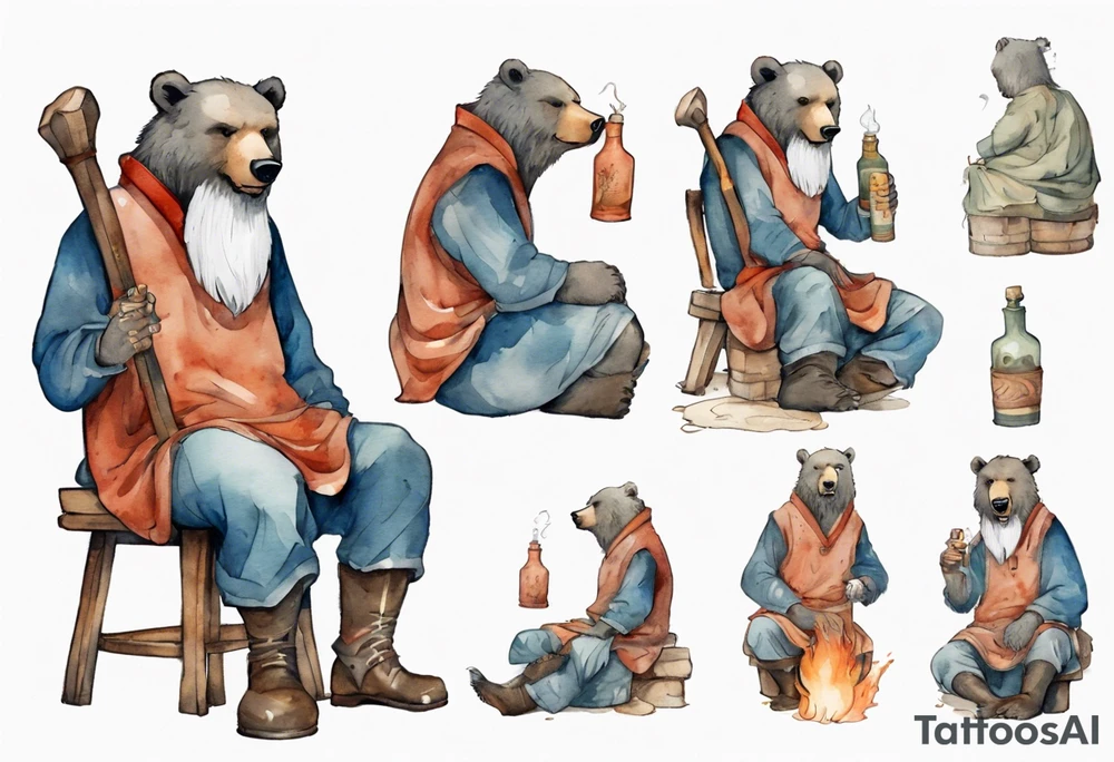 a medieval bear-human hybrid with a long grey beard wearing a tunic and boots, sitting on a stool by a fireplace drinking from a clay bottle, laughing tattoo idea