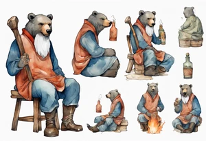 a medieval bear-human hybrid with a long grey beard wearing a tunic and boots, sitting on a stool by a fireplace drinking from a clay bottle, laughing tattoo idea