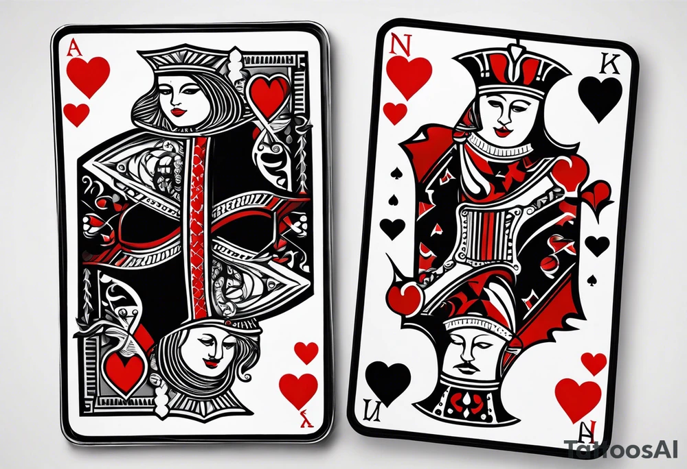 one playing card with both queen of hearts and king of spades in extreme minimalistic style tattoo idea