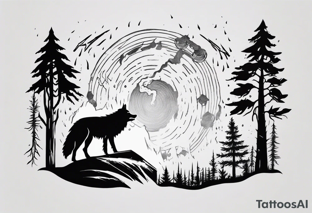 thunderstorm over a forest with a wolf howling on drums tattoo idea thunderstorm over a forest with a wolf howling on drums tattoo idea