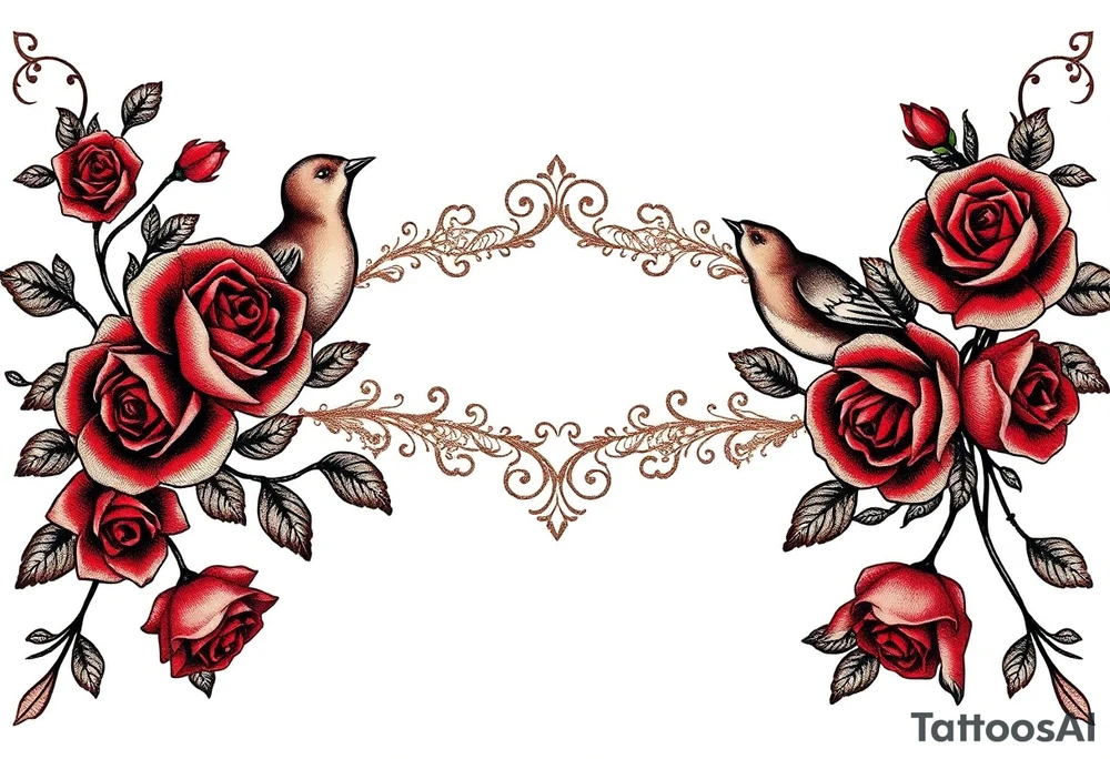 Vintage lace, red roses, red birds, vintage, wrap around, tighter together, no space open tattoo idea