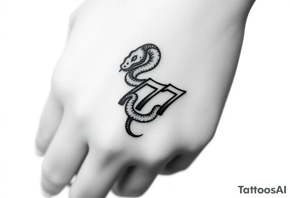 Minimalist black ink tattoo design of a small snake coiled around the number 777. tattoo idea