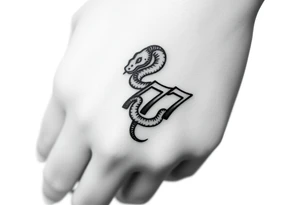 Minimalist black ink tattoo design of a small snake coiled around the number 777. tattoo idea