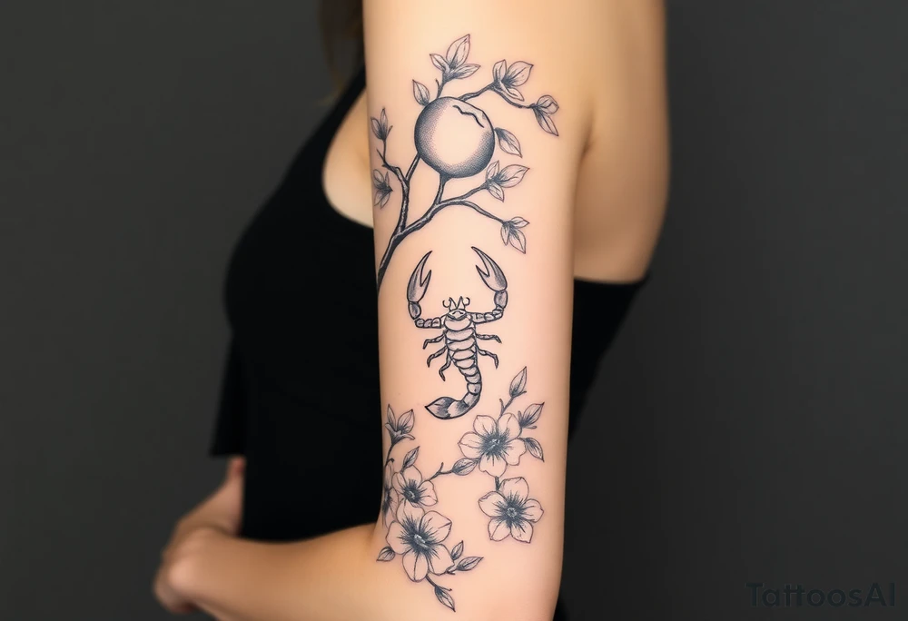 Body of a woman forming a blossoming peach tree with a Scorpio on a branch and morning glories & cosmo flowers underneath tattoo idea