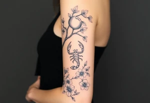 Body of a woman forming a blossoming peach tree with a Scorpio on a branch and morning glories & cosmo flowers underneath tattoo idea