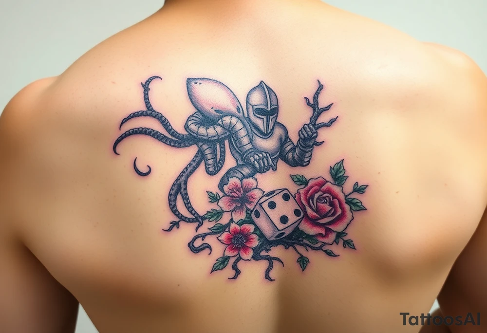 squid and knight combined with tree roots, cherry blossoms and roses rolling dice tattoo idea