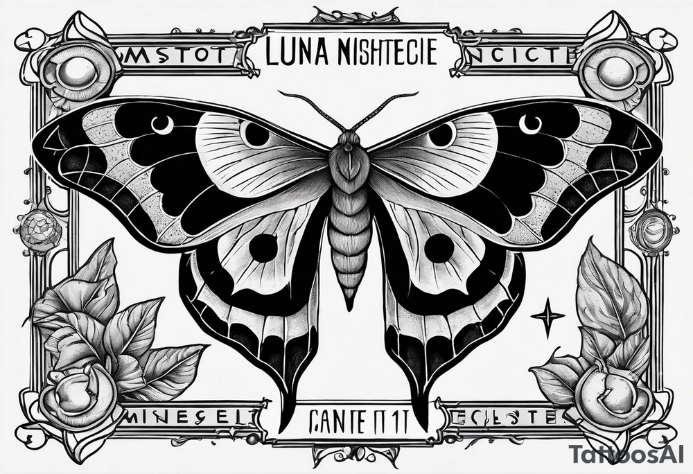 luna moth anatomically correct with five phases of the moon in order under the moth, and the words "carpe noctem" above it in sans serif font tattoo idea