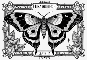 luna moth anatomically correct with five phases of the moon in order under the moth, and the words "carpe noctem" above it in sans serif font tattoo idea