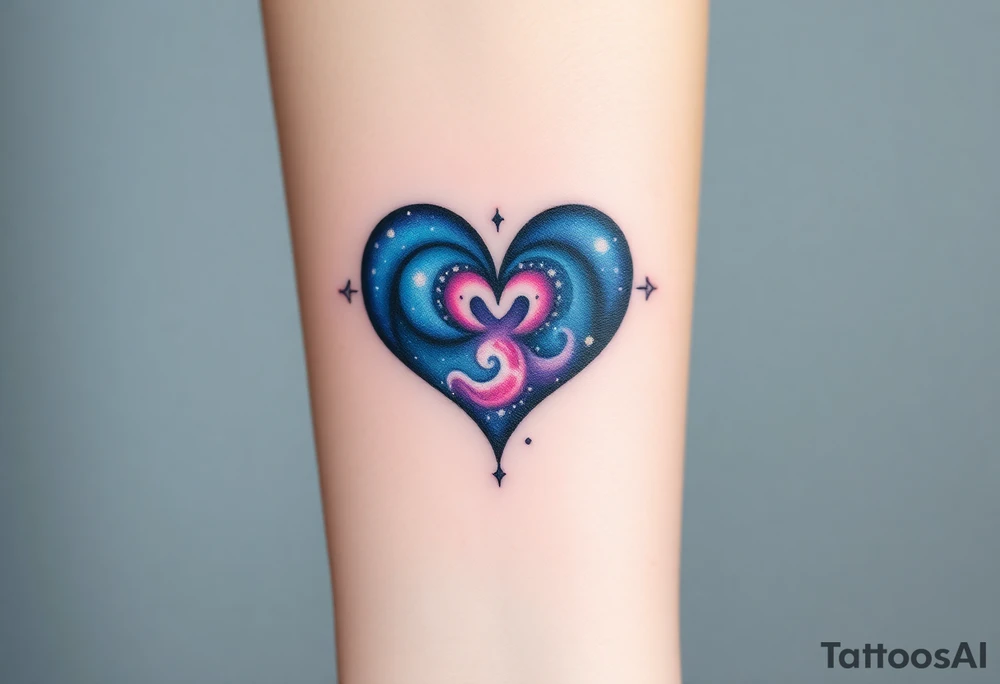 An infinity symbol with a heart made of swirling galaxy patterns, featuring deep blues, purples, and subtle stardust, symbolizing cosmic love tattoo idea