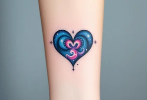 An infinity symbol with a heart made of swirling galaxy patterns, featuring deep blues, purples, and subtle stardust, symbolizing cosmic love tattoo idea
